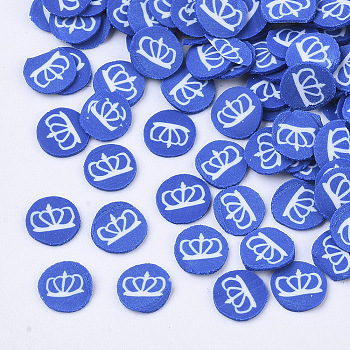 Handmade Polymer Clay Cabochons, Fashion Nail Art Decoration Accessories, Flat Round with Crown, Blue, 5x0.5mm, about 980~1120pcs/14g