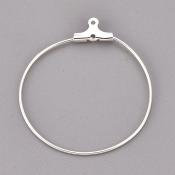 304 Stainless Steel Pendants, Hoop Earring Findings, Ring, Silver, 34x31x1.5mm, 21 Gauge, Hole: 1mm, Inner Size: 29x30mm, Pin: 0.7mm