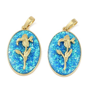 Rack Plating Brass Pendants, with Synthetic Opal, Long-Lasting Plated, Lead Free & Cadmium Free, Real 18K Gold Plated, Oval with Violet, Deep Sky Blue, 25.5x16x4.5mm, Hole: 5.5x3mm