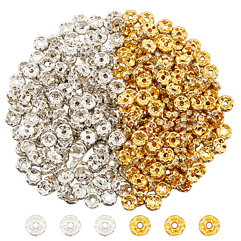 320Pcs 2 Colors Iron Rhinestone Spacer Beads, Grade B, Waves Edge, Rondelle, Golden & Silver, 8x3.5mm, Hole: 1.5mm, 160Pcs/color