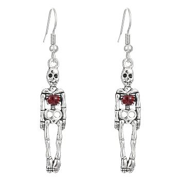 Alloy Enamel Pendant Dangle Earrings, Halloween Elements, Skeleton, Red, 56x9mm