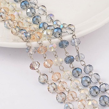 Faceted Rondelle Handmade Electroplate Glass Beads Chains, Unwelded, with Platinum Plated Brass Findings, Mixed Color, 39.3 inch, about 79pcs/m