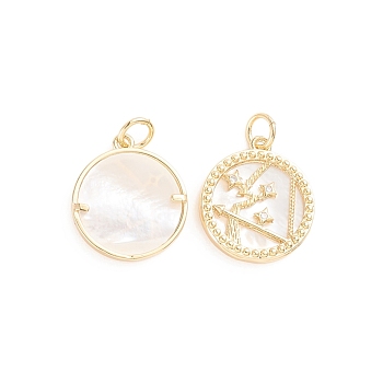 Brass Micro Pave Cubic Zirconia Pendants, with Natural Shell and Jump Ring, Flat Round with Twelve Constellations, Golden, Sagittarius, 17.5x15x2.5mm, Hole: 3.5mm