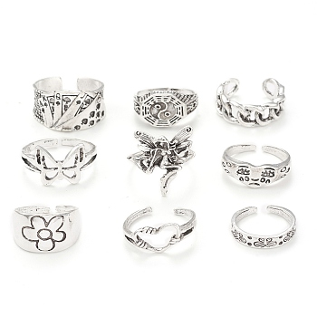 Tibetan Style Alloy Stackable Rings Set, Gothic Jewelry for Women, Antique Silver, Inner Diameter: 15~19mm, 9Pcs/set