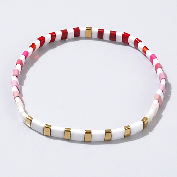 Bohemian Style Japanese TILA Glass Seed Beaded Stretch Bracelets for Women Men, Rectangle, Red