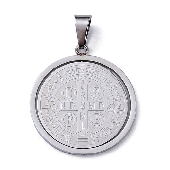 304 Stainless Steel Pendants, Flat Round with Cssml Ndsmd Cross God Father Religious Christianity, Stainless Steel Color, 33.5x30.5x1.5mm, Hole: 8.5x5mm