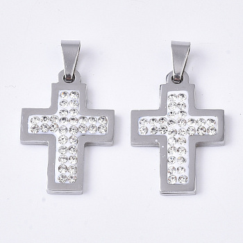 201 Stainless Steel Pendants, with Random Size Snap On Bails and Polymer Clay Crystal Rhinestones, Cross, Stainless Steel Color, 24x17x2~3mm, Hole: 7~10x3~5mm