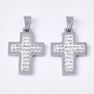 Stainless Steel Color Cross Stainless Steel+Rhinestone Pendants