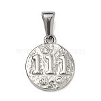 Textured 304 Stainless Steel Pendants, Flat Round with Number 1 Charm, with Rhinestone, Stainless Steel Color, 18x15x3mm, Hole: 7x3.7mm(STAS-A140-02P-1)