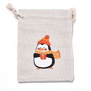 Christmas Cotton Cloth Storage Pouches, Rectangle Drawstring Bags, for Candy Gift Bags, Penguin Pattern, 13.8x10x0.1cm(ABAG-M004-02H)