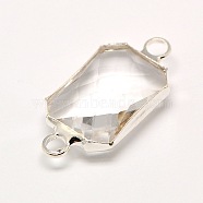 Silver Color Plated Brass Glass Faceted Rectangle Links connectors, Clear, 20x10x5mm, Hole: 2mm(GLAA-M008-A-21S)