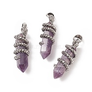 Natural Amethyst Double Terminal Pointed Pendants, Faceted Bullet Charms with Antique Silver Tone Alloy Dragon Wrapped, 47x14.5x15mm, Hole: 7.5x6.5mm(G-C051-02C)
