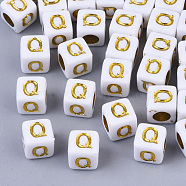 Plating Acrylic Beads, Horizontal Hole, Golden Metal Enlaced, Alphabet Style, Cube, Letter.Q, 5.5~6x5.5~6x5.5~6mm, Hole: 3.5mm, about 3000pcs/500g(SACR-S297-09Q)