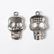 Alloy Pendant, for Halloween, Skull, Lead Free and Cadmium Free, Antique Silver, about 24mm long, 13.5mm wide, 4.5mm thick, hole: 2mm(X-EA8764Y)