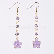 Dangle Earrings, with Brass Earring Hooks, Round Glass Beads and Flower Zinc Alloy Enamel, Lilac, 69mm, Pin: 0.6mm(EJEW-JE04016-03)