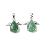 Natural Green Aventurine Pendants, Teardrop Charms with Rack Plating Platinum Plated Brass Wings, Cadmium Free & Lead Free, Cadmium Free & Lead Free, 22~22.5x24.5x8~9mm, Hole: 7x5mm(G-C114-05P-04)