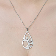 201 Stainless Steel Hollow Teardrop with Sun Pendant Necklace, Stainless Steel Color, 17.72 inch(45cm)(NJEW-OY002-27)