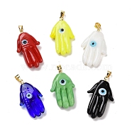 Handmade Lampwork Pendants, with Real 18K Gold Plated Brass Findings, Cadmium Free & Lead Free, Hamsa Hand/Hand of Miriam with Evil Eye, Mixed Color, 30x17x5.5mm, Hole: 5x3.5mm(LAMP-P057-02G)