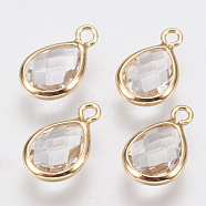 Glass Charms, with Brass Findings, Faceted Teardrop, Clear, Nickel Free, Real 18K Gold Plated, 12x7x3mm, Hole: 1.2mm(KK-Q752-001G)