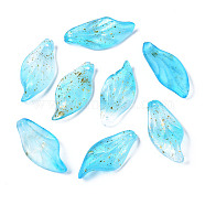 Frosted Transparent Spray Painted Glass Pendants, with Glitter Powder, Leaf, Light Sky Blue, 30x14x3.5mm, Hole: 1mm(GGLA-S054-016G-03)