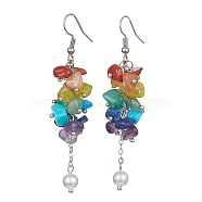 Natural Mixed Gemstone Chips Cluster Earrings, Shell Pearl Dangle Earrings with 316 Surgical Stainless Steel Pins, 67~68x15~18mm(EJEW-JE05467)