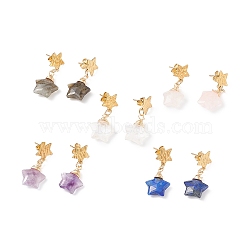 5 Pair 5 Style Natural Mixed Gemstone Star Dangle Stud Earrings, 304 Stainless Steel Wire Wrap Jewelry for Women, Golden, 35mm, Pin: 0.6mm, 1 Pair/style(EJEW-JE05097)