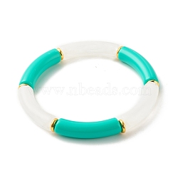 Acrylic Tube Beaded Stretch Bracelets, with Brass Beads, Turquoise, Inner Diameter: 2-1/8 inch(5.5cm)(BJEW-JB07778-04)