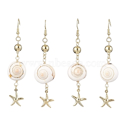Natural Shiva Eye Shell Dangle Earrings, with 304 Stainless Steel Earring Hooks, Jewely for Women, Starfish, Golden, 88x21mm(EJEW-JE05798)