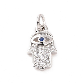 Brass Micro Pave Cubic Zirconia Charms, with Jump Ring, Hamsa Hand with Evil Eye Charm, Platinum, 12.5x7.5x2mm, Hole: 2.8mm