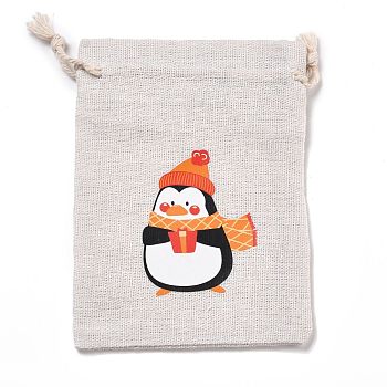 Christmas Cotton Cloth Storage Pouches, Rectangle Drawstring Bags, for Candy Gift Bags, Penguin Pattern, 13.8x10x0.1cm