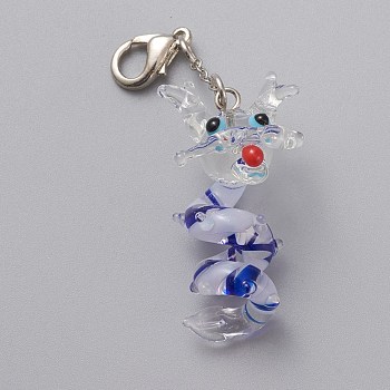 Handmade Lampwork Pendant Decorations, with Brass Lobster Claw Clasp, Chinese Zodiac, Platinum, Dragon,  56mm, Pendant: 33x18x18mm
