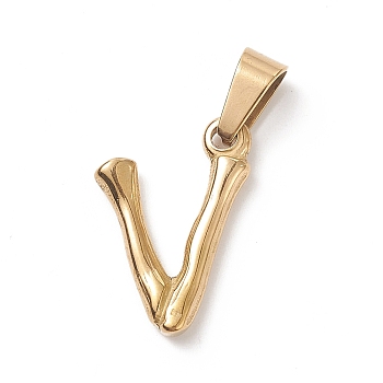 304 Stainless Steel Pendants, Bamboo Style, Letter, Golden Color, Letter.V, 19.5x12x3mm, Hole: 3x7mm