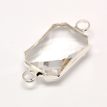 Silver Color Plated Brass Glass Faceted Rectangle Links connectors, Clear, 20x10x5mm, Hole: 2mm