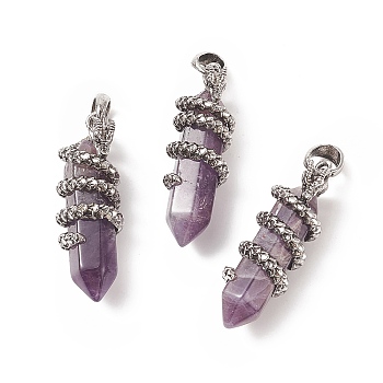 Natural Amethyst Double Terminal Pointed Pendants, Faceted Bullet Charms with Antique Silver Tone Alloy Dragon Wrapped, 47x14.5x15mm, Hole: 7.5x6.5mm