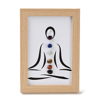 Yoga Gemstone Chakra Picture Frame Stand, with Wood Rectangle Picture Frame, Reiki Energy Stone Home Office Decoration, BurlyWood, 75x120x165mm, Inner Diameter: 140x90mm