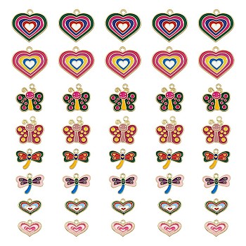 40Pcs Alloy Enamel Pendants, Golden, Heart & Butterfly & Dragonfly & Bees, Mixed Color, 12~22x20~25.5mm