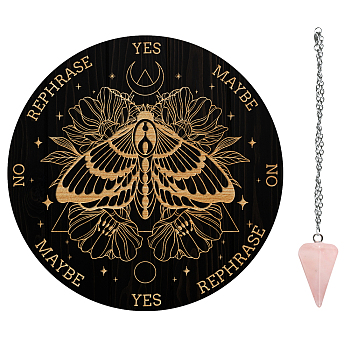 AHADEMAKER 1Pc Wood Pendulum Board, 1Pc 304 Stainless Steel Cable Chain Necklaces, 1Pc Natural Rose Quartz Stone Pendants, for Witchcraft Wiccan Altar Supplies, Butterfly Pattern, Board: 200x4mm