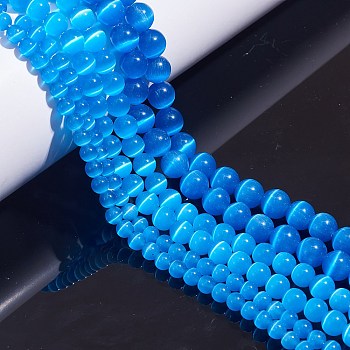 Round Cat Eye Beads, Elastic Crystal Thread, Stretchy String Bead Cord, for Beaded Jewelry Making,, Deep Sky Blue, Beads: 6~10mm, Hole: 0.8~1mm, 175pcs/box