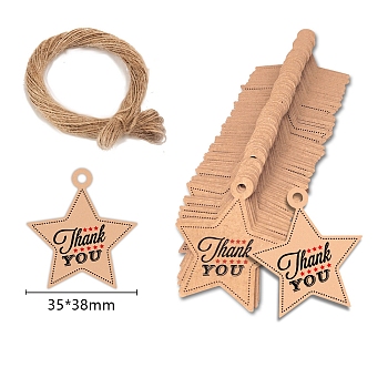 Thanksgiving Themed Star Paper Hang Gift Tags, with Hemp Cord, BurlyWood, 3.8x3.5cm, 100pcs/set