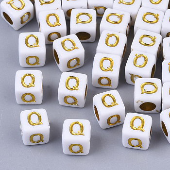 Plating Acrylic Beads, Horizontal Hole, Golden Metal Enlaced, Alphabet Style, Cube, Letter.Q, 5.5~6x5.5~6x5.5~6mm, Hole: 3.5mm, about 3000pcs/500g