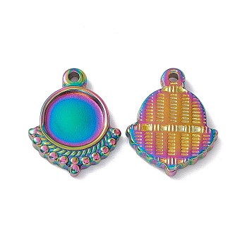 Ion Plating(IP) 304 Stainless Steel Pendant Cabochon Settings, Fan, Rainbow Color, Tray: 9.5mm, 19.5x16x2.5mm, Hole: 1.6mm