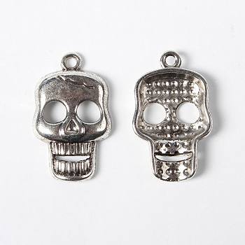Alloy Pendant, for Halloween, Skull, Lead Free and Cadmium Free, Antique Silver, about 24mm long, 13.5mm wide, 4.5mm thick, hole: 2mm