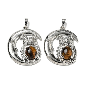 Natural Tiger Eye Pendants, Owl Charms with Rack Plating Brass Moon, Platinum, Cadmium Free & Lead Free, 38.5x31.5x8mm, Hole: 8x5mm