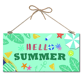 Printed Natural Wood Hanging Wall Decorations, for Front Door Home Decoration, Rectangle with Hello summer, Word, 15x30x0.5cm