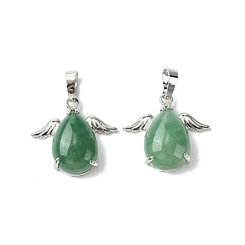 Natural Green Aventurine Pendants, Teardrop Charms with Rack Plating Platinum Plated Brass Wings, Cadmium Free & Lead Free, Cadmium Free & Lead Free, 22~22.5x24.5x8~9mm, Hole: 7x5mm