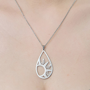 201 Stainless Steel Hollow Teardrop with Sun Pendant Necklace, Stainless Steel Color, 17.72 inch(45cm)