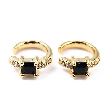 Brass Micro Pave Cubic Zirconia Cuff Earrings, Real 18K Gold Plated, Ring, Black, 13x2.5mm