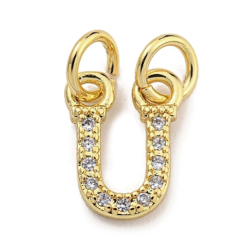 Initial Letter Brass with Cubic Zirconia Charms, Real 18K Gold Plated, Long-Lasting Plated, Lead Free & Cadmium Free, Letter U, 10.5x8x1.5mm, ring: 5x1mm, inner diameter: 3mm
