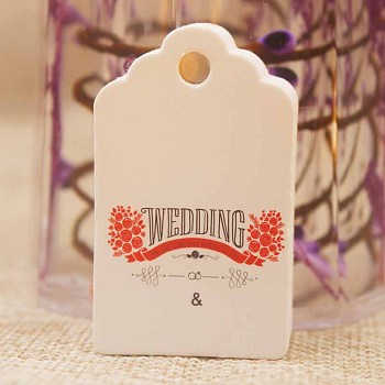 Paper Gift Tags, Hange Tags, For Arts and Crafts, For Wedding, Rectangle with Word Wedding and Flower, White, 50x30x0.4mm, Hole: 5mm