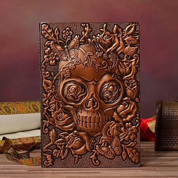 3D Embossed PU Leather Notebook, A5 Halloween Skull Pattern Journal, for School Office Supplies, Red Copper, 215x145mm